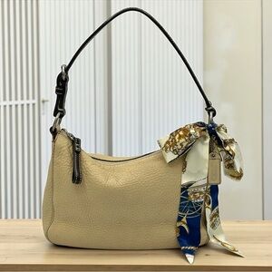 Coach Beige Leather Shoulder Bag with Navy & Cream Scarf